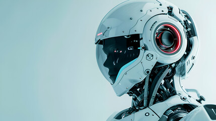 The image shows a detailed view of a robot with a helmet and headphones