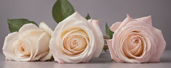 Three delicate white and pink roses on a gray background