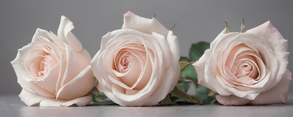 Three delicate cream roses on a grey background