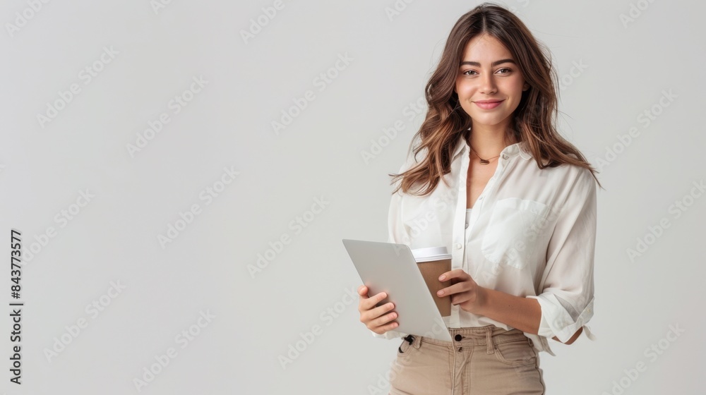 Poster the businesswoman with coffee