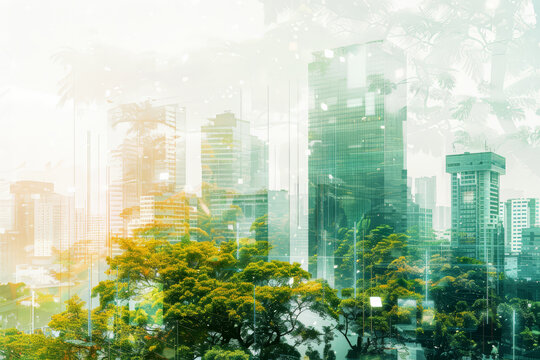 Double exposure of green forest and modern city. Blend between technology and. Eco-friendly living urban development. The concept of the evolution from industrial to sustainable design.