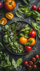 Many different types of vegetables on a plate, plant-based diet plate