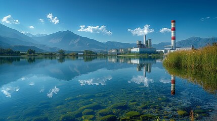 A serene landscape with a pristine lake, tainted by the presence of a factory discharging wastewater, showcasing the impact of industrial activities on natural water bodies and the need for pollution