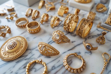 Naklejka premium A collection of gold jewelry with vintage designs displayed on a marble surface, highlighting their timeless and classic appeal.. AI generated.
