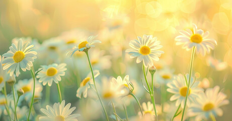 Beautiful spring background with daisies in the sun and bokeh light effects. Soft focus on white flowers in a green grass meadow.