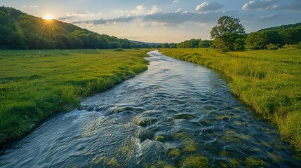 A picturesque river flowing through a countryside, tainted by the discharge of industrial wastewater, demonstrating the contrast between untouched nature and human-induced contamination, and the