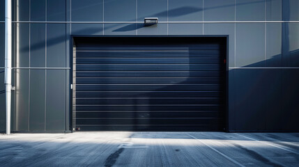 Close-up of closed dark metal roller shutters of a garage, warehouse, commercial facility.