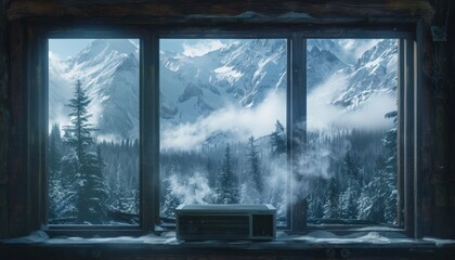 A hyperrealistic scene of an air conditioner in a rustic cabin emitting smoke that mixes with the cold mountain air with a snowy forest background visible through the windows