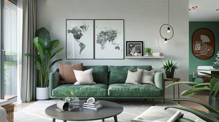 Fototapeta premium Stylish scandinavian living room with design mint sofa, furnitures, mock up poster map, plants and elegant personal accessories. Modern home decor. Open space with dining room. Template Ready to use. 