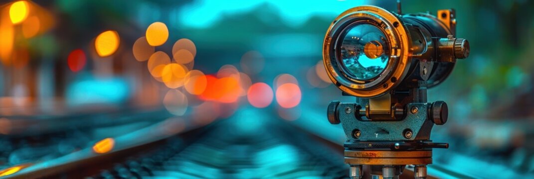 A close-up view of a theodolite used by a civil engineer at night