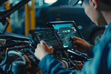 High-Tech Car Engine Diagnostic Tool Displaying Data on Screen for Mechanic Inspection
