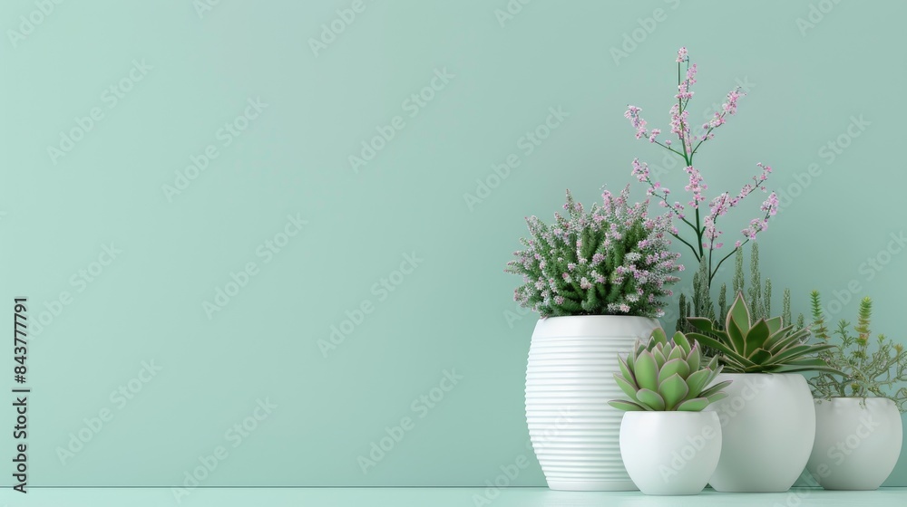 Wall mural elegant plants in white pots against a pastel mint green background, leaving room on the left side f - Wall murals