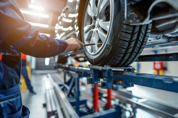 Mechanic Performing Wheel Alignment in Modern Garage for Accurate Vehicle Maintenance