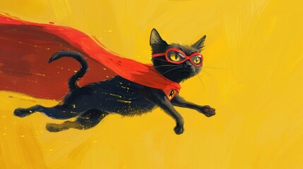 Join the adventures of a superhero cat! A happy black cat wearing a red cloak and mask, bounding and flying through the air against a gentle yellow backdrop