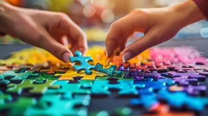 Fototapeta premium Hands assembling colorful puzzle pieces