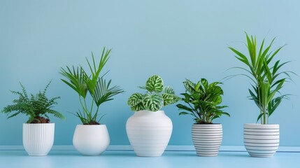 Fototapeta premium Minimalist white pots with lush plants, set against a pastel blue background, providing room in the center for text.