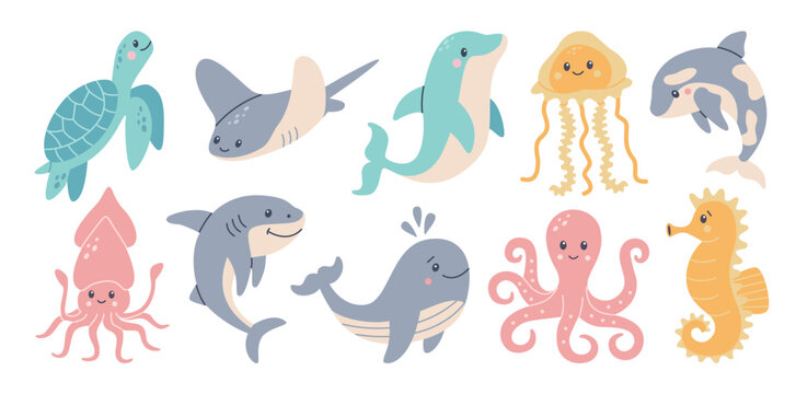 Set of hand drawn ocean creatures. Cartoon Sea animals. Vector doodle style set of sea life objects for design. Vector illustration isolated on white background