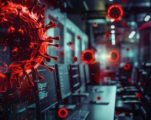 Red virus particles floating over a row of computer monitors in a server room. The virus represents a cyber threat or the potential for a pandemic to impact technology.