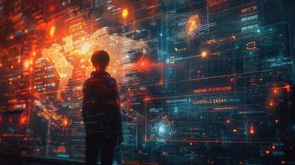 Fototapeta premium An entrepreneur looking at a holographic projection of a roadmap, with milestones and goals highlighted, indicating strategic planning and foresight. Clipart illustration style, clean, Minimal,