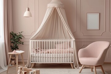 A nursery with a white crib and pink chair