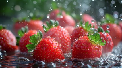 Succulent ripe strawberries being splashed with clear water drops against a blurred background, emphasizing freshness