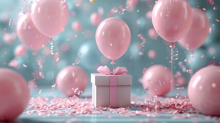A serene composition of a gift box with pink balloons and confetti, conveying celebration and happiness