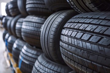 Obraz premium Stacked New Tires in Auto Shop - Ready for Installation, Ideal for Print, Card, Poster Design