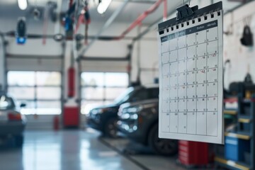 Professional Car Service Reminder Calendar in a Busy Garage Setting
