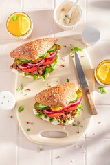 Homemade sandwich with beef and vegetables for breakfast.