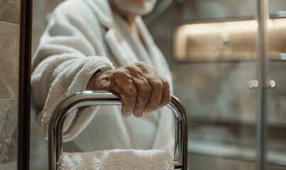 Closeup of elderly person's hand holding metal handlebar