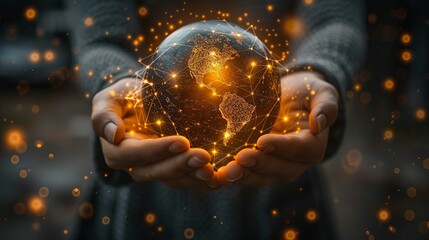 An entrepreneur holding a glowing globe in their hands, with digital lines and nodes connecting different parts of the world, indicating global influence. Clipart illustration style, clean, Minimal,