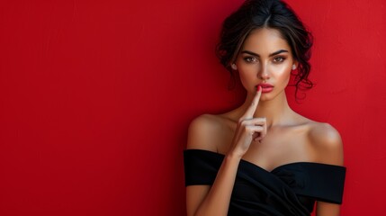Fototapeta premium A photo of a woman in the black dress with her finger to her lips, suggesting silence, on a red background