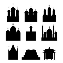 Set of religious building silhouettes. Vector different religious temples catholicism, islamism, judaism, orthodox, hinduism and buddhism