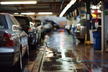 Obraz premium Busy Self-Service Car Wash with People Cleaning Vehicles Under Bright Lights