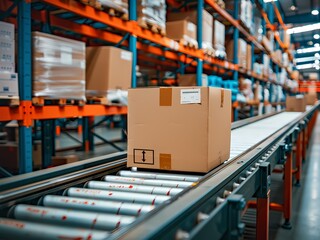 Naklejka premium AI-Generated image of A box is on a conveyor belt in a warehouse. The box is brown and has a white sticker on it