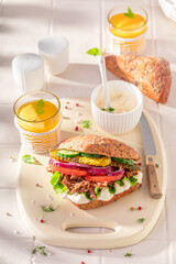 Fresh sandwich with pulled beef, tomato and lettuce.