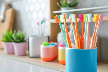 Bright Bathroom Decor with Colorful Toothbrushes in Pink Holder for Vibrant Morning Routine