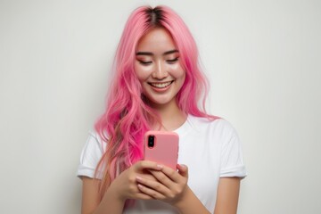young woman with mobile phone using social media and pink hair isolated on white background with copy space