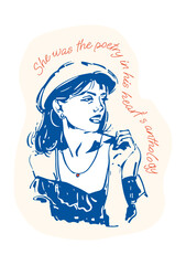 A beautiful girl in a cap. Vector poster on the theme of sweet life, sweet tooth, hand-drawn drawings with interesting, inspiring phrases for the comfort of your home