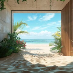 beautiful home interior space with black living room wooden floor with ocean seaside blue sky sea sand beach summer freshness travel season window view house design tropical style,