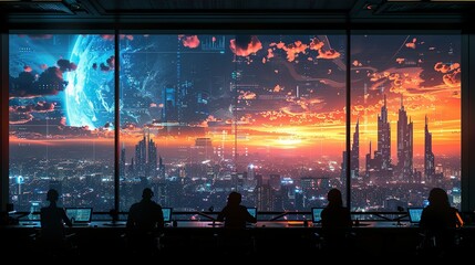 Obraz premium An office scene with a large digital screen displaying a futuristic city skyline, with team members discussing strategies and plans. Clipart illustration style, clean, Minimal,