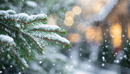 Christmas tree branch in snow, coniferous tree, winter nature details