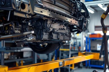 Fototapeta premium Engine Removal Using Hydraulic Lift in Auto Shop - Precision Mechanical Engineering Scene