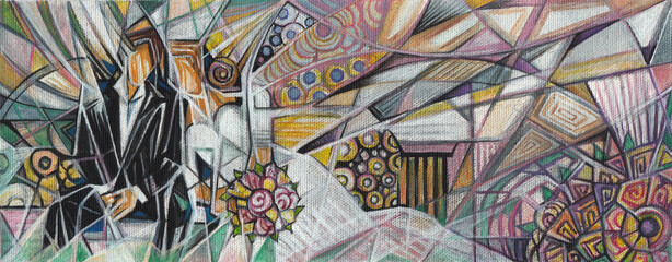 Abstract art couple love wedding design by hand acrylic color painting on canvas.