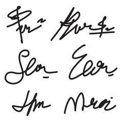 Manual signature for documents on white background. Hand drawn Calligraphy lettering Vector illustration EPS10