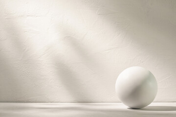 A white sphere sits on a white background, with sunbeams reflecting off the wall behind it.