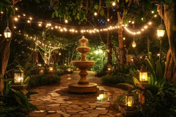 Magical Evening Garden with Illuminated String Lights, Lanterns, and Glowing Fountain for Relaxing Ambiance