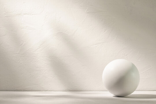 A white sphere sits on a white background, with sunbeams reflecting off the wall behind it.