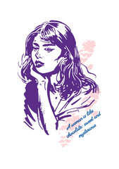 A beautiful girl with long hair. Vector poster on the theme of sweet life, sweet tooth, hand-drawn drawings with interesting, inspiring phrases for the comfort of your home