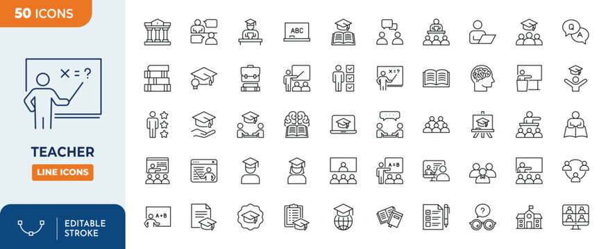 Teacher icons set. Outline Icon Collection. Editable stroke. Vector illustration	
